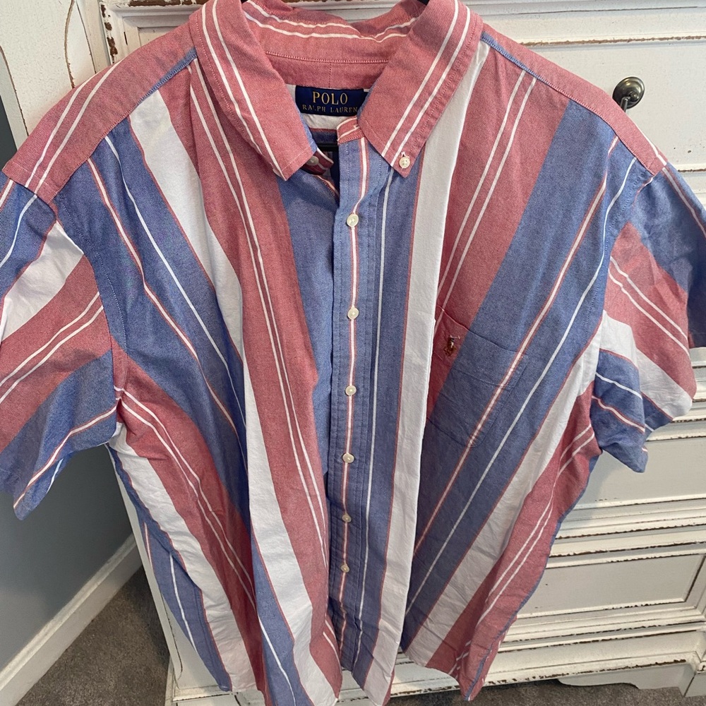 Polo by Ralph Lauren Men's Casual Striped Shirt - Pink, Blue, and White